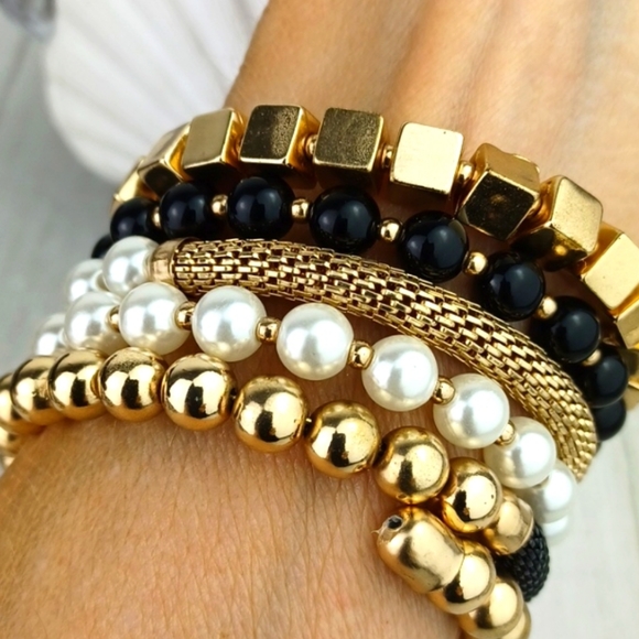 Industrial Meets Golden Beads & Pearls Jewelry - Multimedia Faux Pearl Gold & Black Beaded Spiral Wrap Boho Bracelet